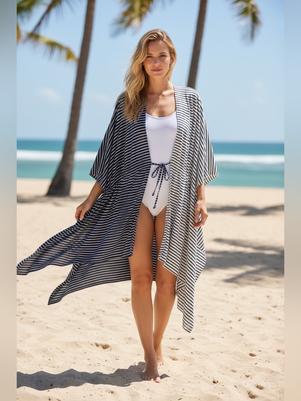 Land’s End One Size Striped Navy and White Women’s Swim Cover-Up Kimono